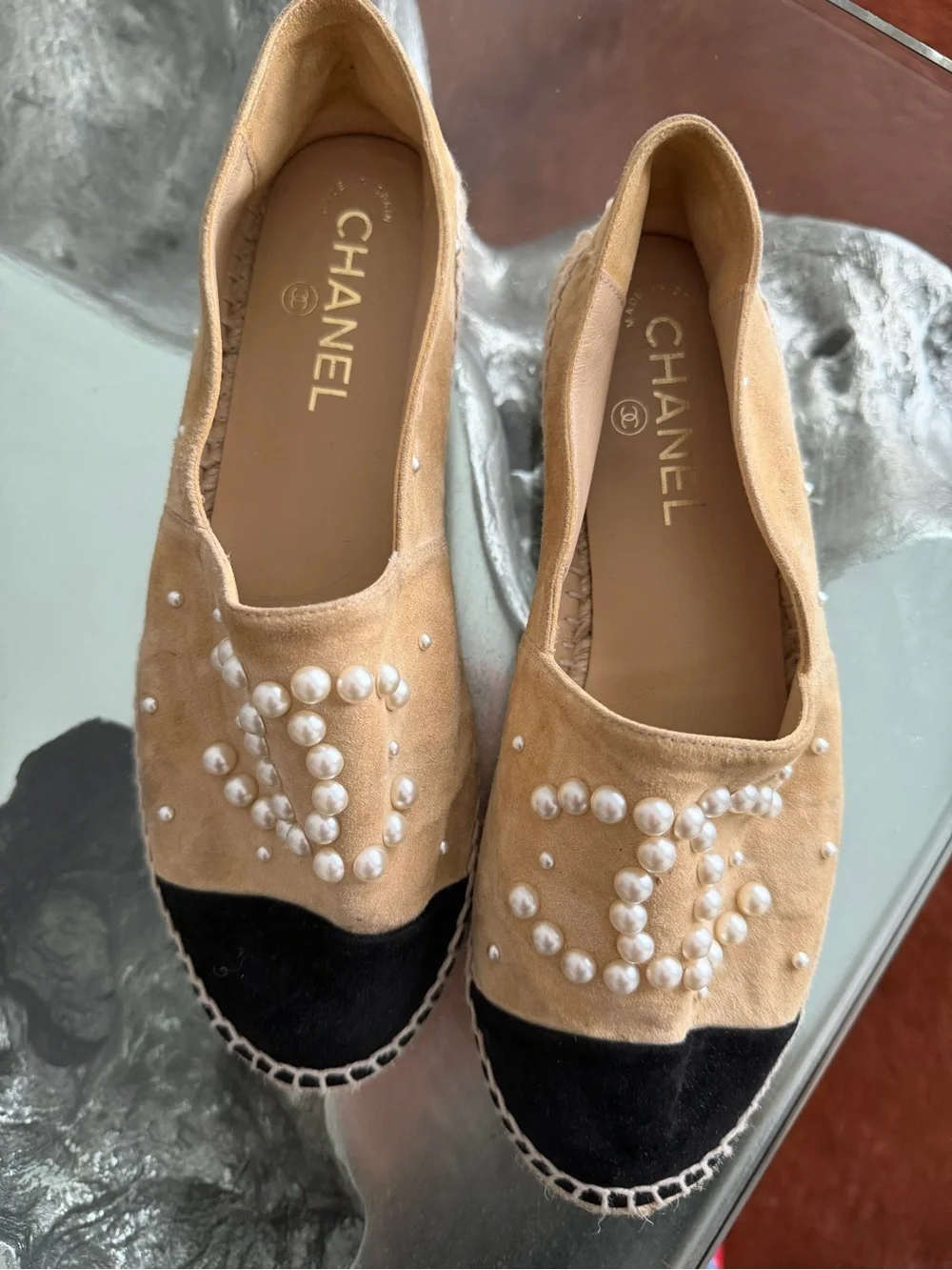 CHANEL Tan Suede Espadrilles with Black Toe and Pearl CC